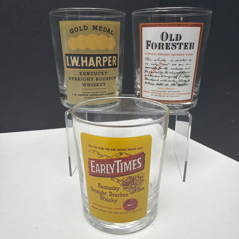I.W. Harper, Early Times,Old Forester Kentucky Straight Bourbon Glasses Set Of 3